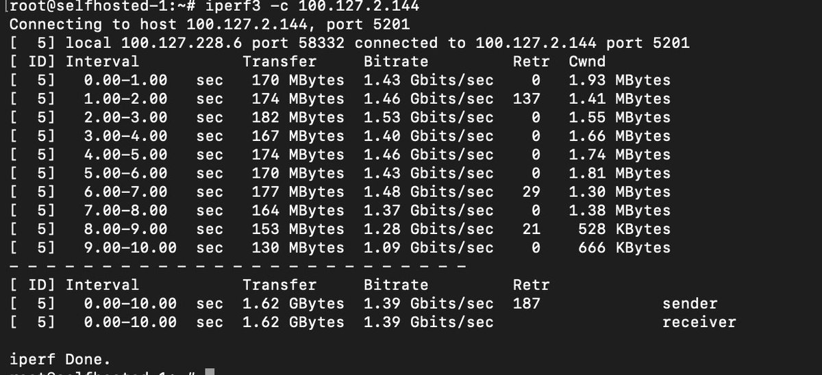 netbird's tweet photo. @CFchangelog Left: 1.39Gbits/sec - real p2p network (@netbird)
Right: 314Mbit/sec - Cloudflare Mesh

Basci iperf3 test https://t.co/U30tiF6OiJ