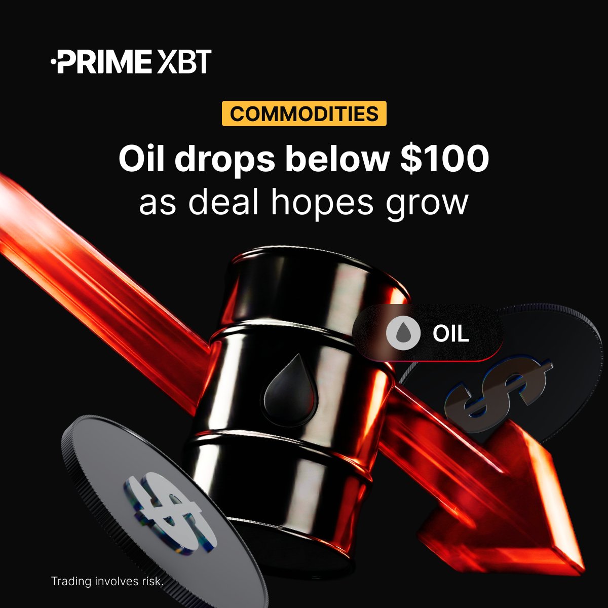 PrimeXBT's tweet image. 🛢️ #Oil drops below $100 as hopes for a deal grow but risks remain.

While sentiment improves, warnings of further damage are keeping markets on edge.

Is this a true reversal or a temporary pullback?

👉🏼 Read more: eng.primexbt.com/4810dvI

#PrimeXBT #TradFi