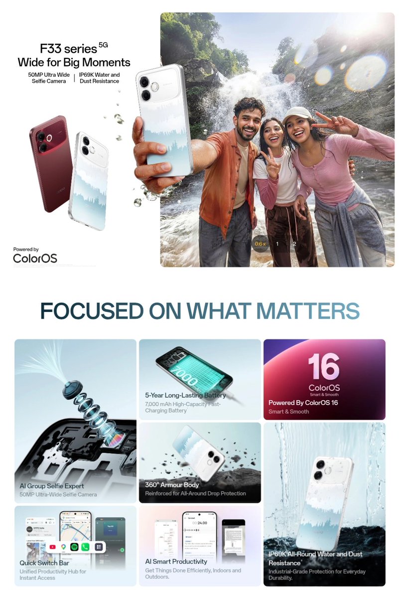 ayansonunigam's tweet photo. OPPO F33 Pro 5G launched in India 🇮🇳
💰 8+128GB -- ₹37999
6.57" FHD+ 120Hz Flat OLED📱
1400nits HBM
Dimensity 6360 Max
LPDDR4X + UFS 2.2
50MP + 2MP 📸
50MP 🤳 , FOV -100°
7000mAh🔋+ 80W⚡
Android 16
4300mm² VC Cooling
IP69K
NFC
8.3mm
194g
#OPPO #OPPOF33Pro #ColorOS16 https://t.co/r1JF4IpxZ8