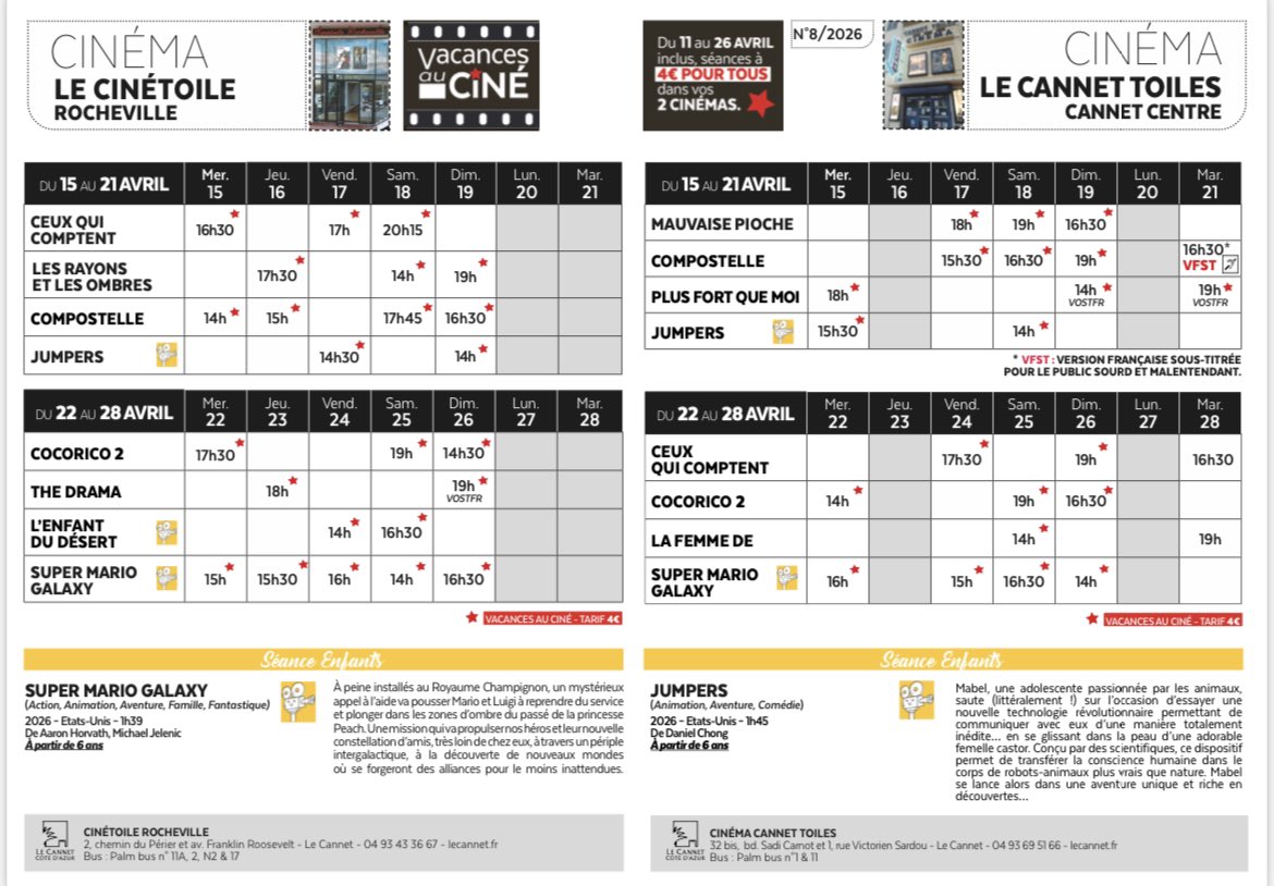 LeCannetVille's tweet image. #cinema #LeCannet #Rocheville
👉4€ POUR TOUS À TOUTES LES SÉANCES AVEC LES VACANCES AU CINÉ 
Jusqu’au 26 avril
👉UNE PROGRAMMATION VARIÉE
Jusqu’au 28 avril
👉 Tapez lecannet-cinema.fr pour tout savoir 

🎬Cinéma « Le Cinétoile » Rocheville
🎬Cinéma « Le Cannet Toiles »