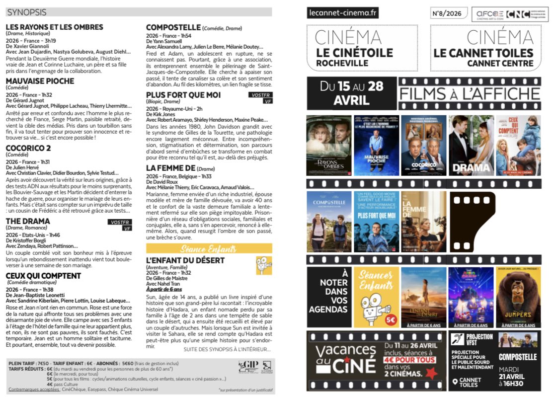 LeCannetVille's tweet image. #cinema #LeCannet #Rocheville
👉4€ POUR TOUS À TOUTES LES SÉANCES AVEC LES VACANCES AU CINÉ 
Jusqu’au 26 avril
👉UNE PROGRAMMATION VARIÉE
Jusqu’au 28 avril
👉 Tapez lecannet-cinema.fr pour tout savoir 

🎬Cinéma « Le Cinétoile » Rocheville
🎬Cinéma « Le Cannet Toiles »
