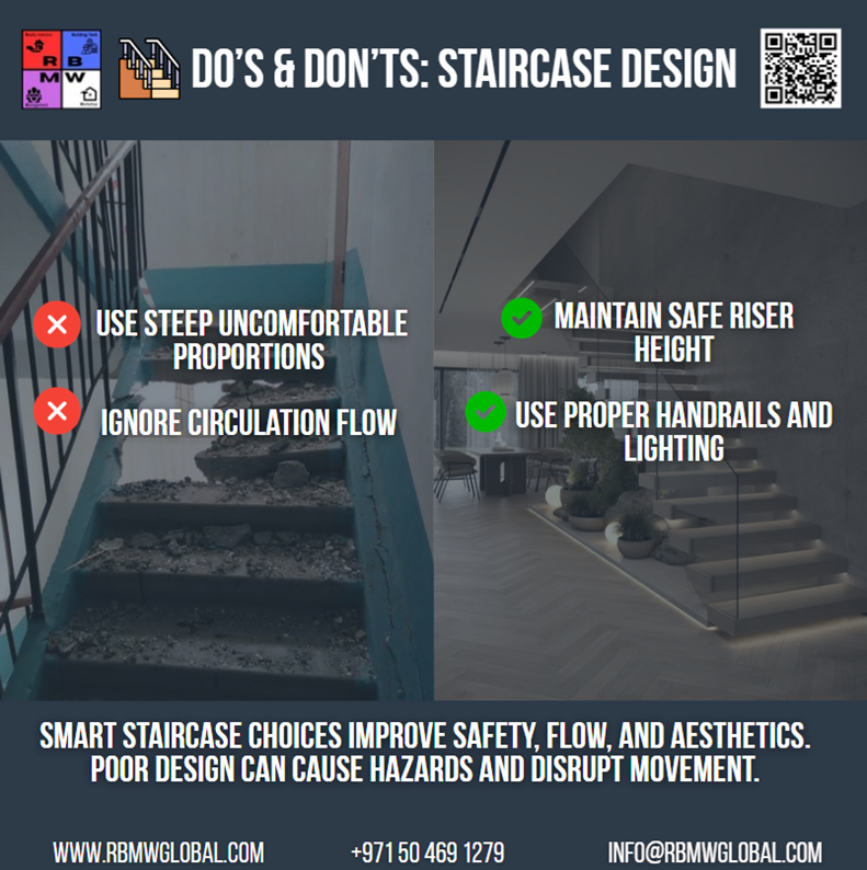 RBMWGlobal's tweet image. Do’s &amp;amp; Don’ts: Staircase Design

DO: Maintain safe riser height
DO: Use proper handrails and lighting

DON’T: Use steep uncomfortable proportions
DON’T: Ignore circulation flow

#StaircaseDesign #DosAndDonts #RBMWGlobal