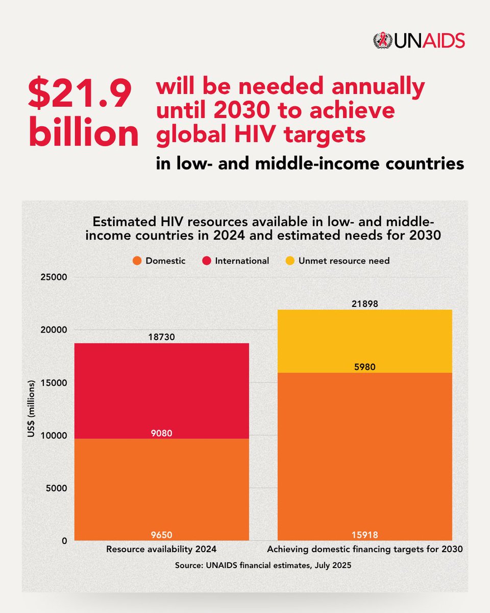 UNAIDS's tweet photo. What will it cost to #endAIDS?

UNAIDS estimates that $21.9 billion will be needed annually until 2030 to achieve global HIV targets in low- and middle-income countries. 

https://t.co/Ff1bR8sua1 https://t.co/S9wchSj6jx