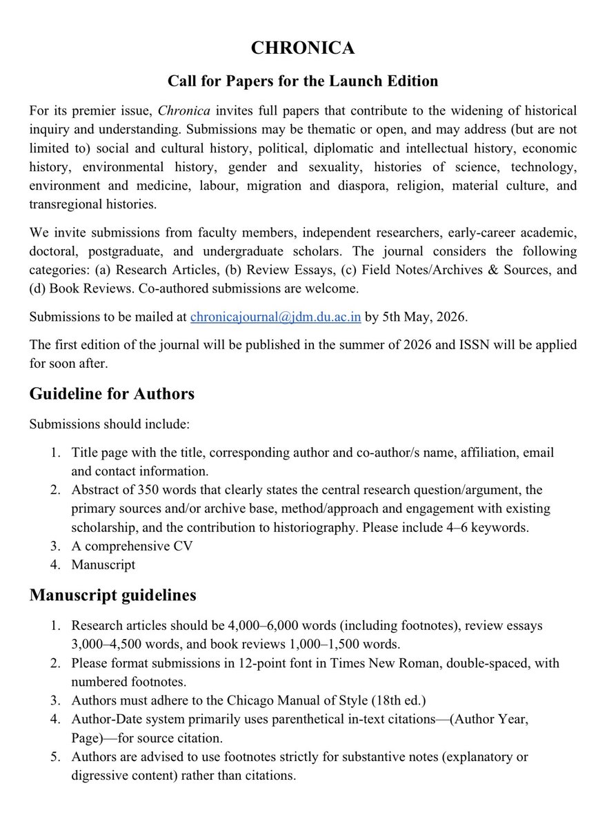 History_JDMC's tweet photo. Exciting news! 📣 CHRONICA - Journal of Department of History @collegejanki is calling for papers for its Launch Edition we welcome full submissions!
Submit by 5 May 2026, chronicajournal@jdm.du.ac.in .
#CallForPapers #History #Journal #AcademicPublishing
Check below 👇🏽 https://t.co/AVvJWF2C8R