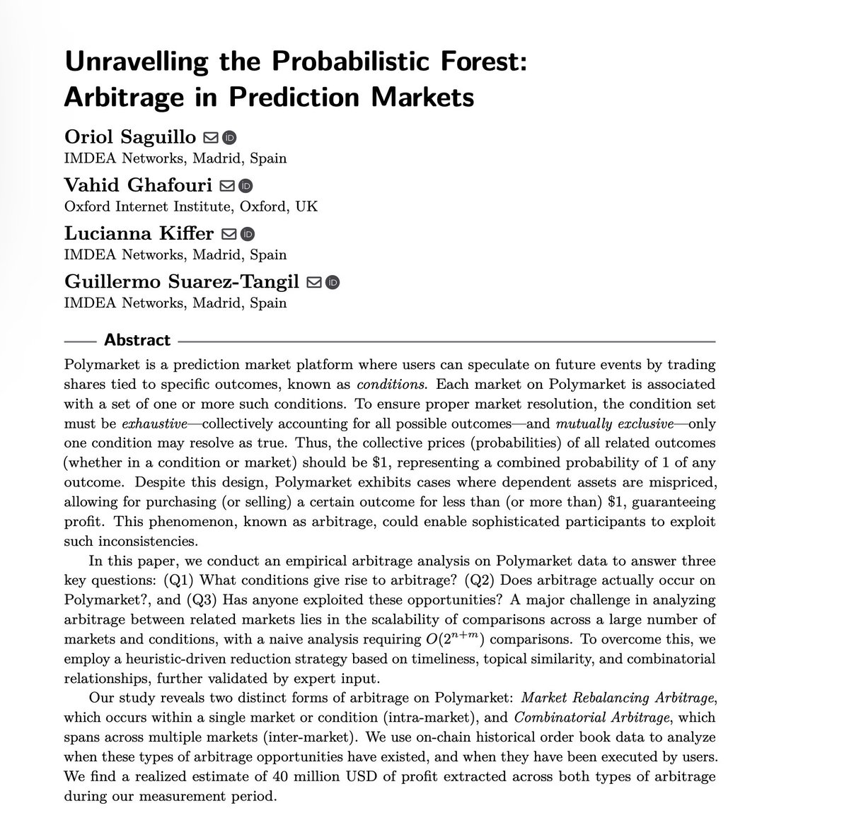 imrybrndo's tweet photo. Just read a new paper on arXiv: “Unravelling the Probabilistic Forest: Arbitrage in Prediction Markets” (https://t.co/jLRUjPg83o). https://t.co/zbQy3XdsVg