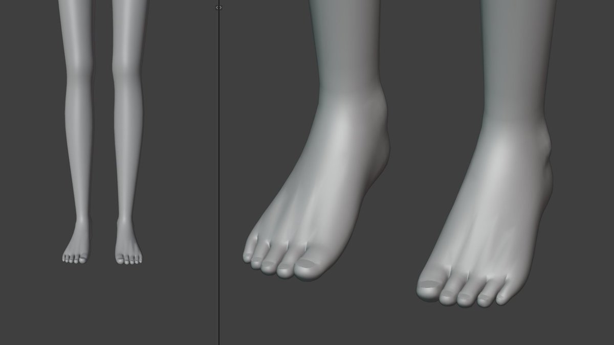 rure_3d's tweet image. 足の指を修正しました
前はベタっと作っていたのですが、外側の指を傾けたり、靴を履いている状態を意識して足先が△になるようにしました
#blender #unity #3dcg #wip #VRChat