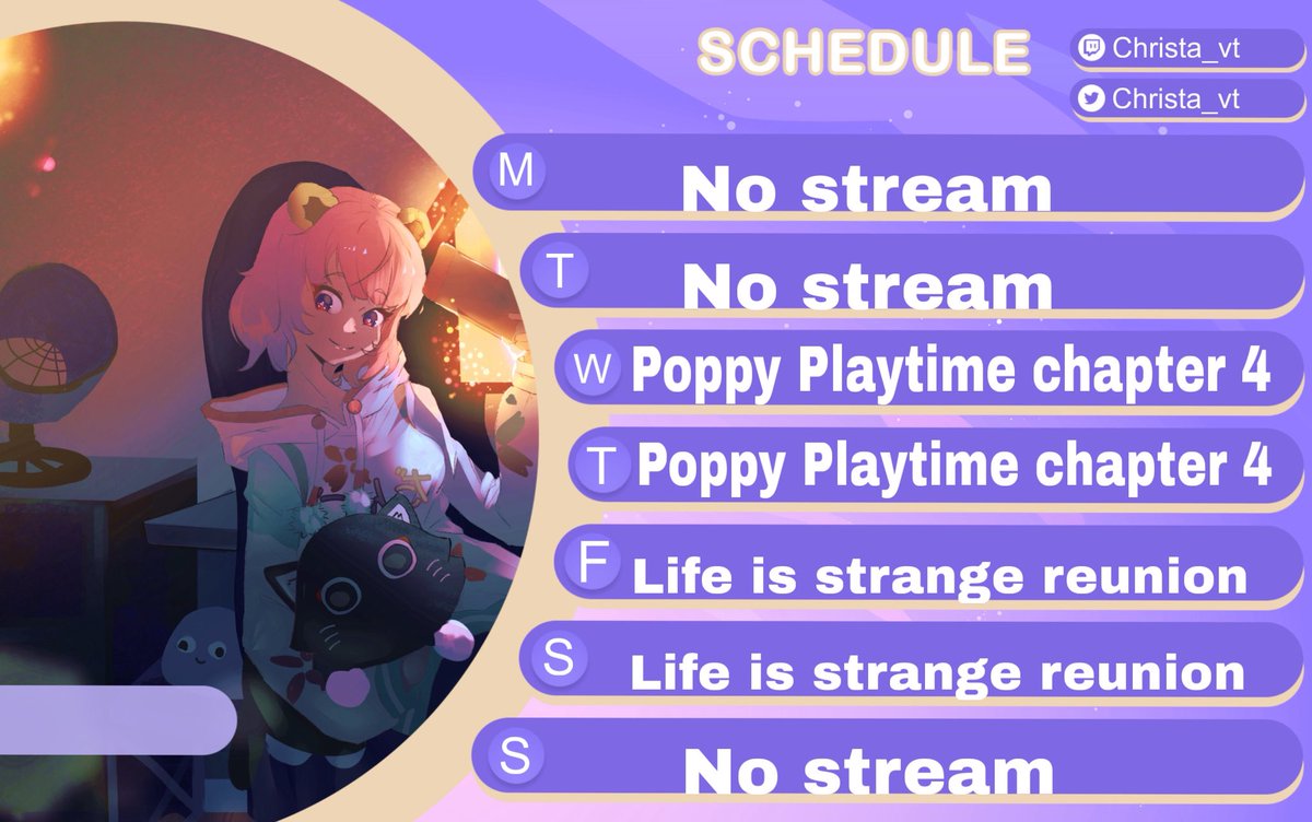 Christa_vt's tweet image. Schedule for next week!!
#vtuber #envtuber #schedule