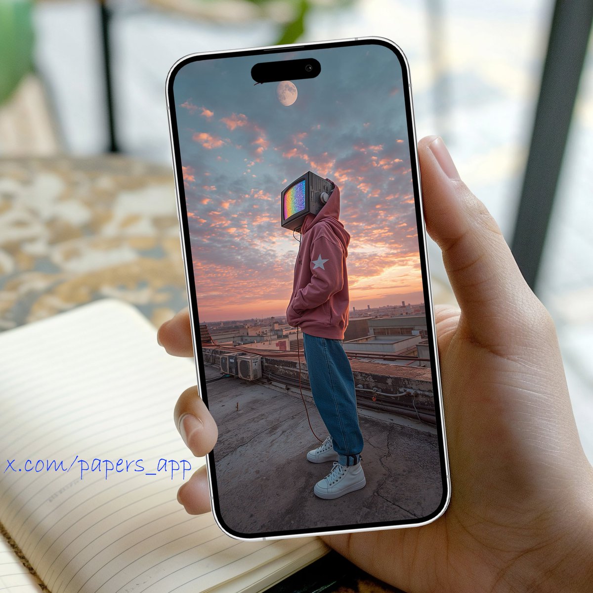 Papers_app's tweet image. Retro vibes and rooftop skies. 🌇✨ #Aesthetic #Setup