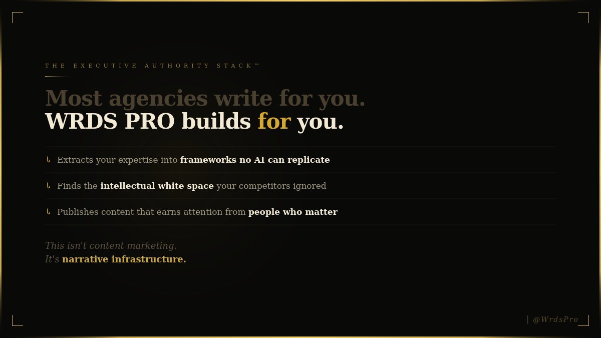 Wrdspro's tweet photo. Most agencies write for you.
WRDS PRO builds for you.
↳ Expertise AI can't replicate 
↳ White space competitors missed 
↳ Attention from people who matter
 https://t.co/a7PAOcoLns
#Founders #LinkedIn #StartupFounder #ThoughtLeadership https://t.co/3hK9B8GfRA