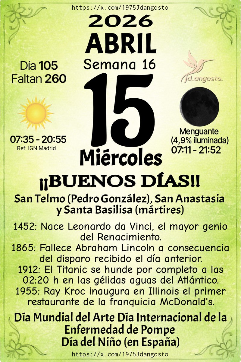 1975Jdangosto's tweet photo. #Almanaque2026 #Santoral #Efemérides #TalDíaComoHoy #Cultura https://t.co/NedAUE90ch