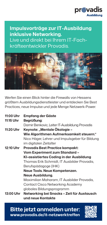 MarkoLitzinger's tweet photo. Algorithmen steuern, wie wir denken.

Was heißt das für Lernen &amp; Ausbildung?

👉 Keynote von Nico Häger
📅 28. April | IT-Netzwerktreffen Rhein-Main
Jetzt anmelden: https://t.co/V4FWZgAPOb
#HR #Ausbildung #Provadis https://t.co/6VtvaovPlo