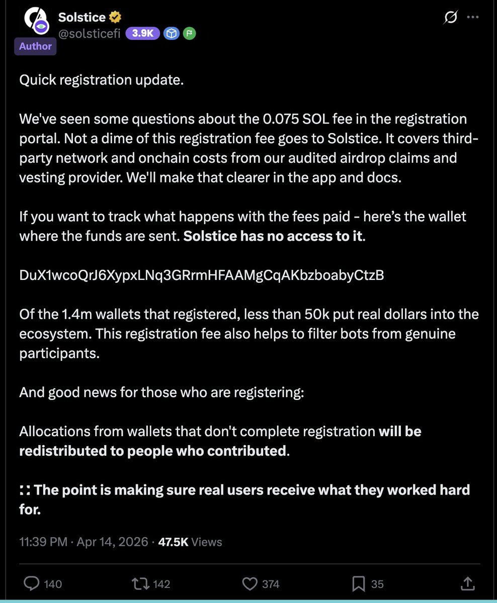 quang250802's tweet image. People will question Solstice for charging $6.5 just to register for an airdrop, especially with $9.2M raised.

But this is clearly a Sybil filter play.

Only ~50K out of 1.4M wallets are expected to actually qualify.

“Allocations from wallets that don't complete registration