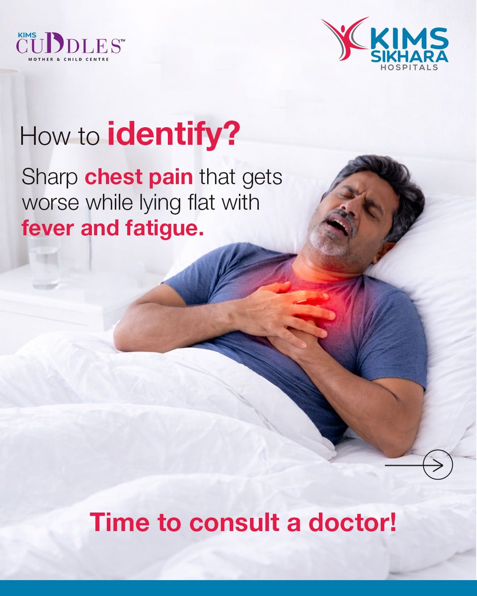 KimsSikhara's tweet image. Pericarditis is inflammation of the heart’s lining, often causing sharp chest pain. Early diagnosis and treatment are key. Don’t ignore symptoms, get diagnosed by the best cardiologists in Guntur at KIMS Sikhara. 

#Pericarditis #HeartProblems #KIMSSikhara #Cardiology