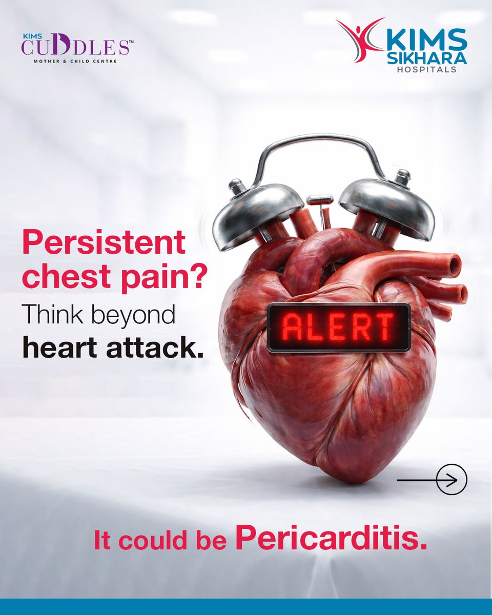 KimsSikhara's tweet image. Pericarditis is inflammation of the heart’s lining, often causing sharp chest pain. Early diagnosis and treatment are key. Don’t ignore symptoms, get diagnosed by the best cardiologists in Guntur at KIMS Sikhara. 

#Pericarditis #HeartProblems #KIMSSikhara #Cardiology