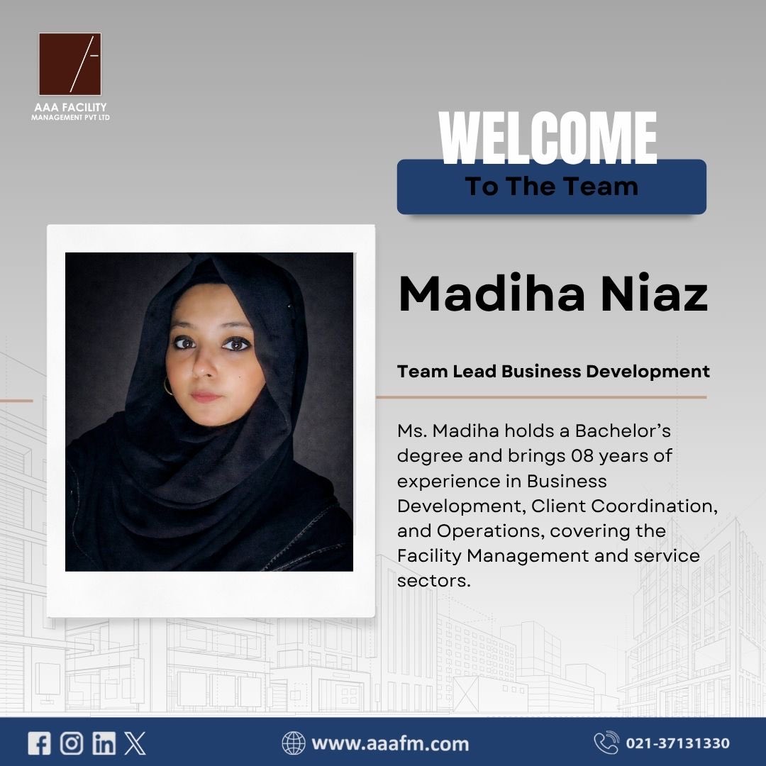 AAAFMPvtLtd's tweet photo. We are delighted to welcome Madiha Niaz as T๐ฒ๐ฎ๐บ ๐๐ฒ๐ฎ๐ฑ โ Business Development at ๐๐๐ ๐๐ฎ๐ฐ๐ถ๐น๐ถ๐๐ ๐ ๐ฎ๐ป๐ฎ๐ด๐ฒ๐บ๐ฒ๐ป๐ ๐ฃ๐๐. ๐๐๐ฑ.
With 08 years of experience, her expertise will be a valuable addition to our team. โจ
#AAAFacilityManagement #Facilitymanagement https://t.co/s7ZwkWTrsF