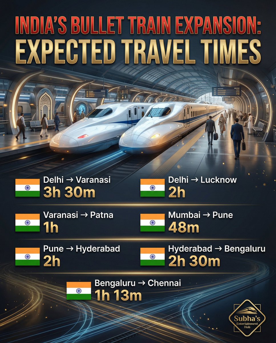SubhaHub's tweet image. 🚄 India’s Bullet Train Era is coming fast!
Future travel times are unbelievable! 🔥

#bullettrain #India高铁 #HighSpeedRail #AtmanirbharBharat