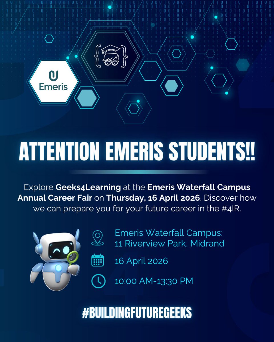 geeks4learning's tweet photo. Dear Emeris Students,
Join our team on Thursday 16 April 2026 at the Emeris Waterfall Campus Annual Career Fair and explore the amazing opportunities at Geeks4Learning
#BuildingFutureGeeks #Geeks4Learning #CareerFair #Emeris #YoungTalent #techtalent #gettoknowus #becomeageek https://t.co/ACyIsVbJpm