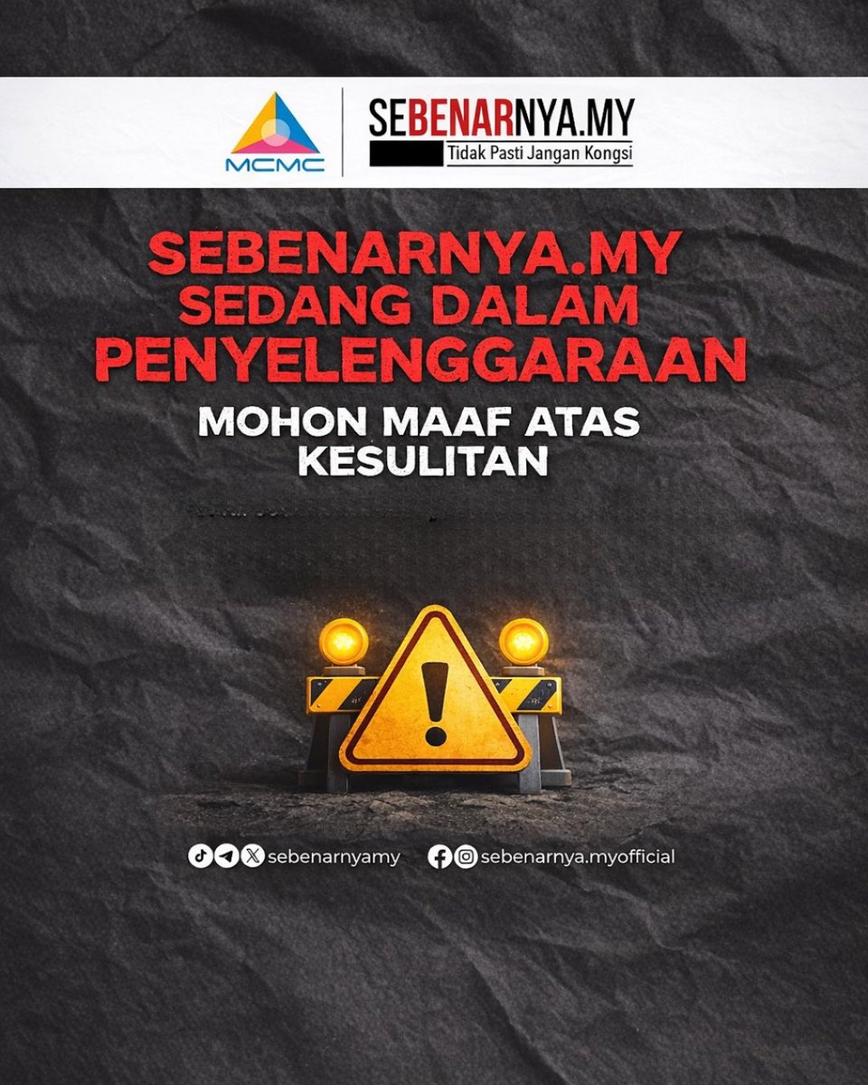 sebenarnyaMY's tweet photo. Portal https://t.co/FusDFXVyvk kini sedang menjalani penyelenggaraan sementara.

Kami memohon maaf atas segala kesulitan.

Portal akan kembali beroperasi seperti biasa dalam masa terdekat.

#sebenarnyamy #tidakpastijangankongsi #aifachatbot https://t.co/CTwd6jp0am