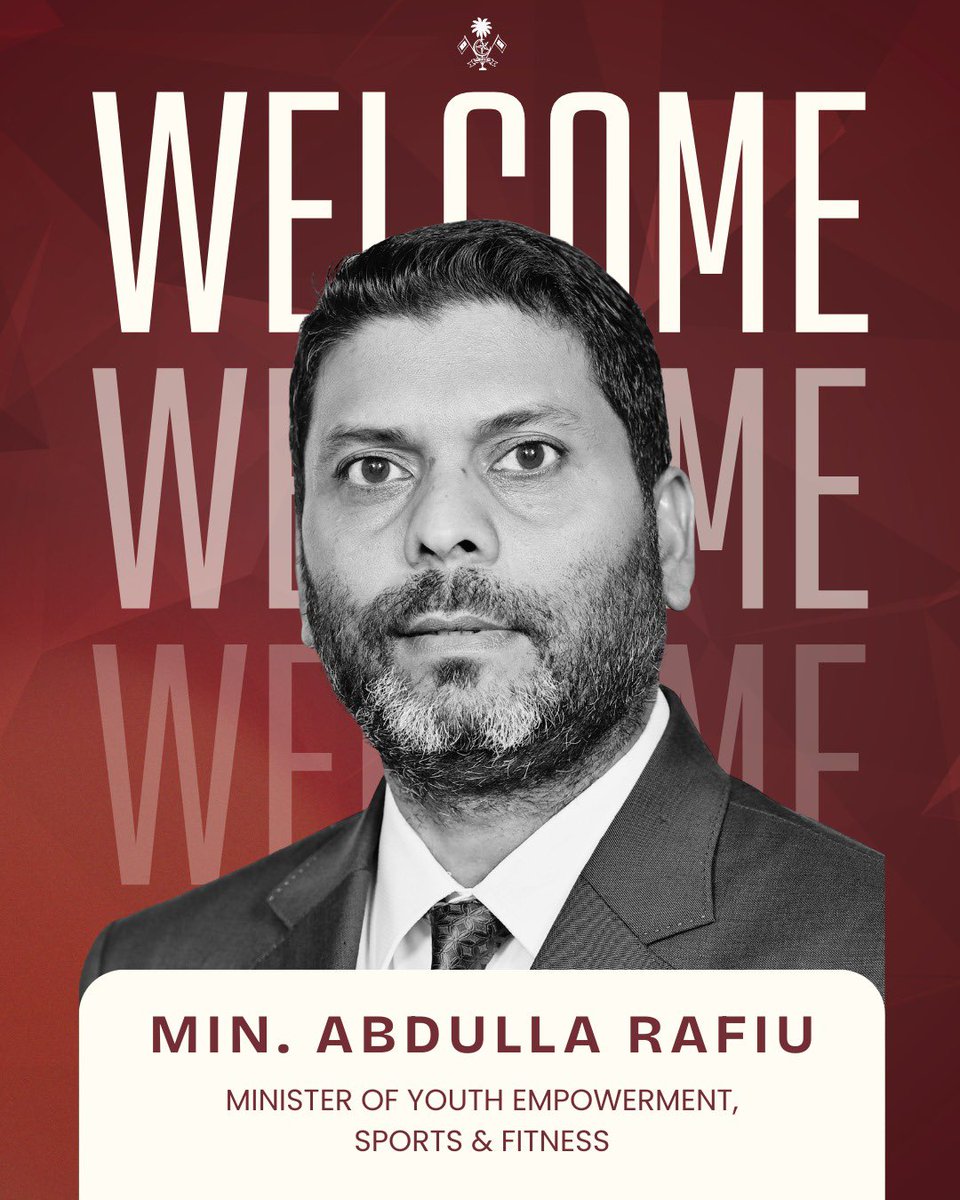 A warm welcome to Minister Abdulla Rafiu on his appointment as Minister of Youth Empowerment, Sports and Fitness. We look forward to his leadership and contributions to the continued development of the sector.