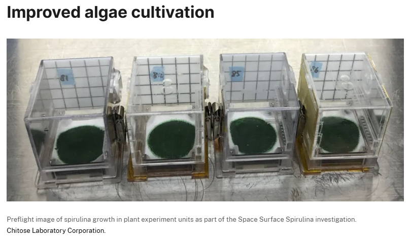 JAXA_Kiboriyo's tweet image. 🚀 #SpaceSurfaceSpirulina 試料、ISSに到着！
NG-24補給ミッションで #ISS へ届いた搭載品のひとつとして、#JAXA の「Space Surface Spirulina（SSS）」実験試料が #NASA 記事で紹介されました。
SSSでは、従来の水槽培養とは異なり、スピルリナを薄膜表面で培養する新しい手法を検証します。