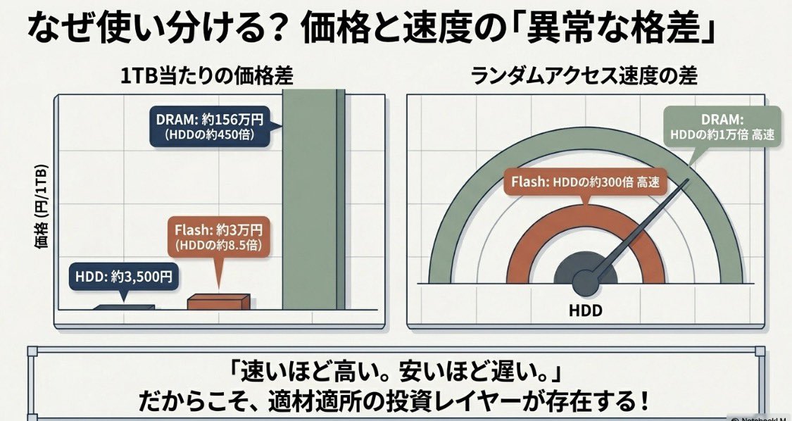 mofmof_investor's tweet photo. あまりしられてないめメモリの違い。キオクシアやマイクロンやサンディスクなどが作ってるDRAMやHBMやFLASHやHDDの違いをまとめました。

スピードも容量もコストも全然違うので、これはぜひ理解してください✨ https://t.co/FC75Yy7gBK