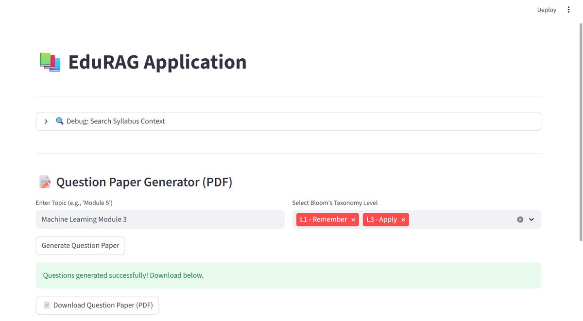 TheShrish46's tweet image. EduRAG: Turning messy syllabus PDFs into structured exams.

- Clean unstructured data (Tesseract/Regex)
- Map to Bloom’s Taxonomy levels
- Grade handwritten answers (Google Vision)

Built with Python, LangChain, and ChromaDB.
github.com/theshrish46/Ed…

#AI #LangChain #OCR #Python