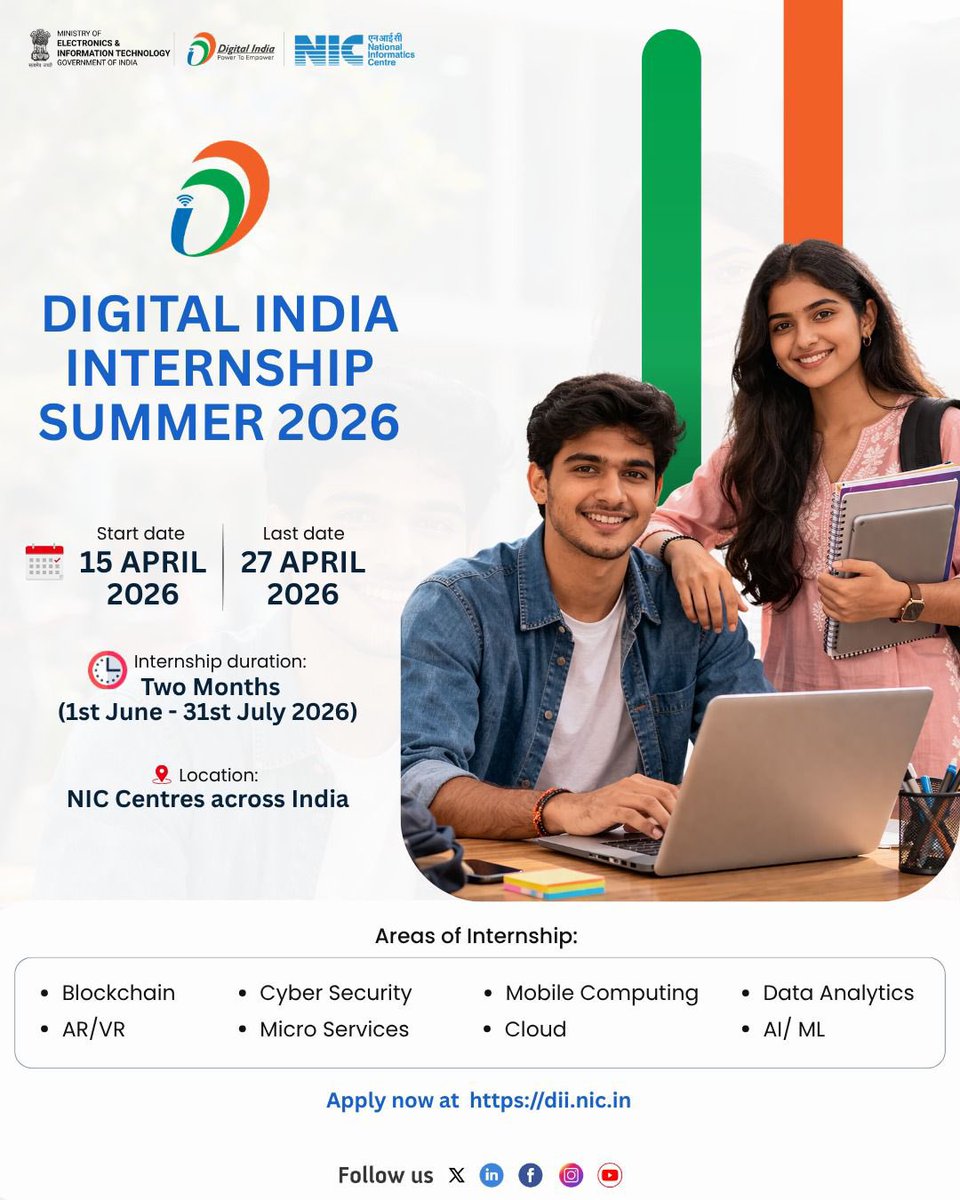 NICMeity's tweet image. Digital India #Internship 🧑‍💻 (Summer 2026)

Ready to build, code, and innovate with real-world impact?
Here’s your chance to work with NIC and be part of India’s digital future!  

⏳Last date to apply: 27 April 2026  
Check eligibility &amp;amp; other details at dii.nic.in