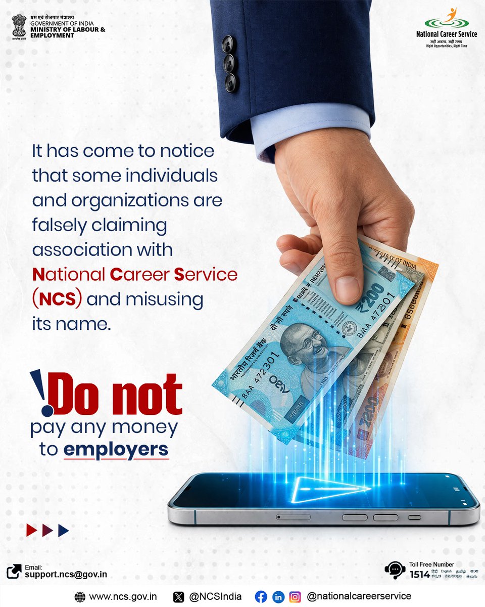 NCSIndia's tweet image. Stay alert while searching for jobs.

NCS does not charge any fees at any stage. If someone asks for money in the name of NCS, it is a fraud.

Report suspicious activities immediately and rely only on official sources.

👉 ncs.gov.in
#FraudAlert #NCSIndia #JobSeekers