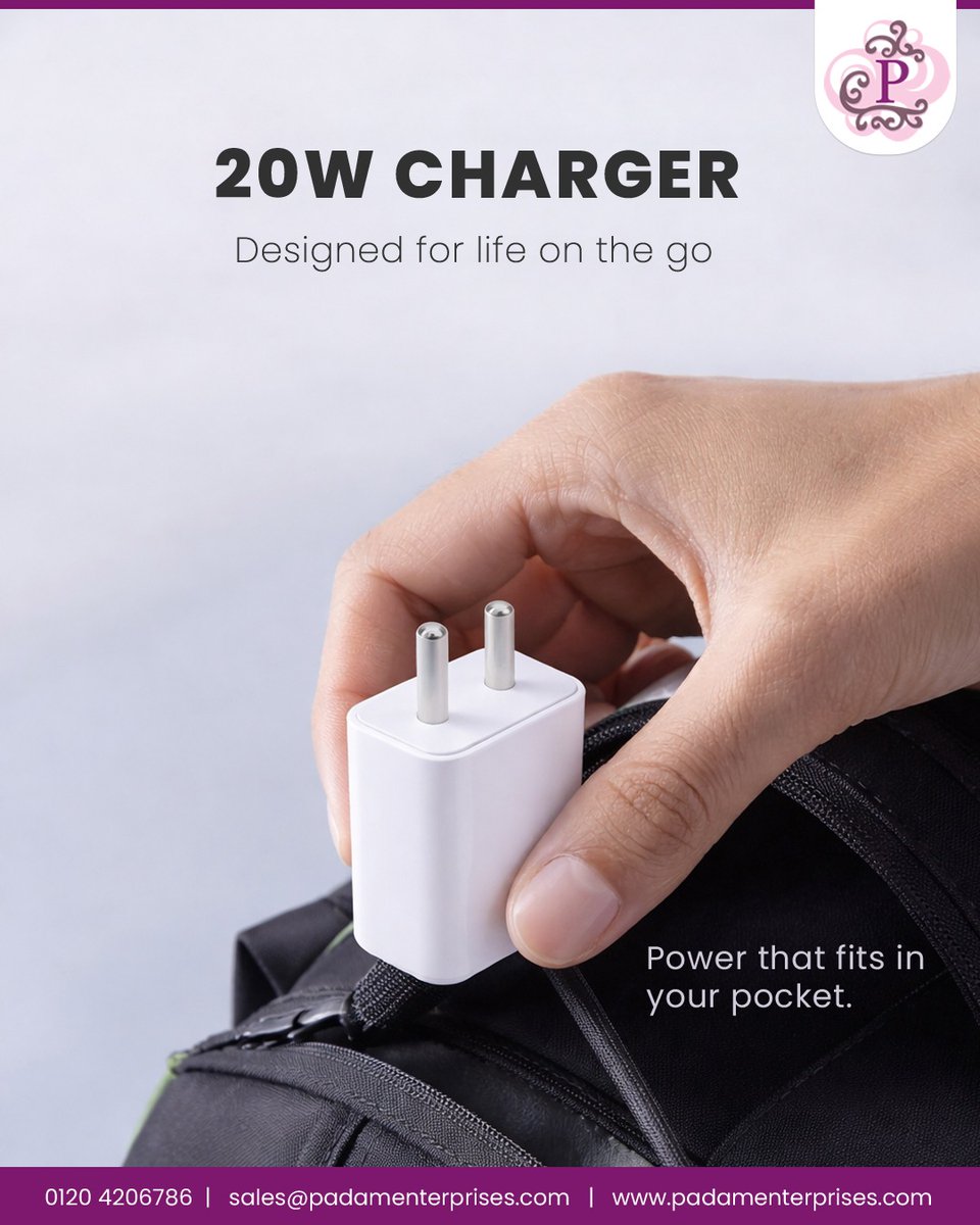 Padamenterprise's tweet image. Power up your day with our sleek 20W Charger
Compact, fast, and made for life on the move. Stay charged wherever you go!

#20WCharger #FastCharging #TechEssentials #MobileAccessories #TravelReady #ChargeOnTheGo #GadgetsIndia #SmartCharging #PowerUp #PadamEnterprises #MadeForYou