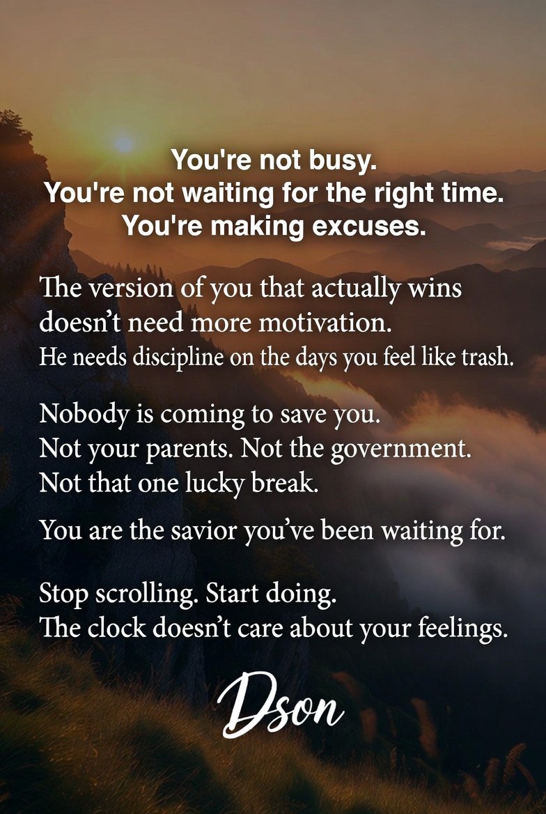 heislytbreez's tweet image. You're not busy.
You're not waiting for the right time.
You're making excuses.
Who's done making excuses in 2026? 
Comment "I'm done" below if this hit you 👇
#RealTalk #ToughLove #NoExcuses #Motivation