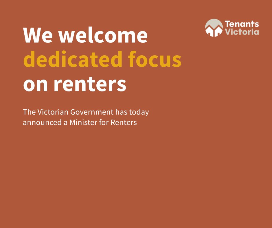 TenantsVic's tweet photo. We welcome the creation of the new role of Minister for Renters, recognising the significant ongoing pressures facing the almost 2 million Victorians who rent their homes. A dedicated ministerial focus is an important acknowledgement that the system requires sustained attention. https://t.co/ZrqZ18ZlHu