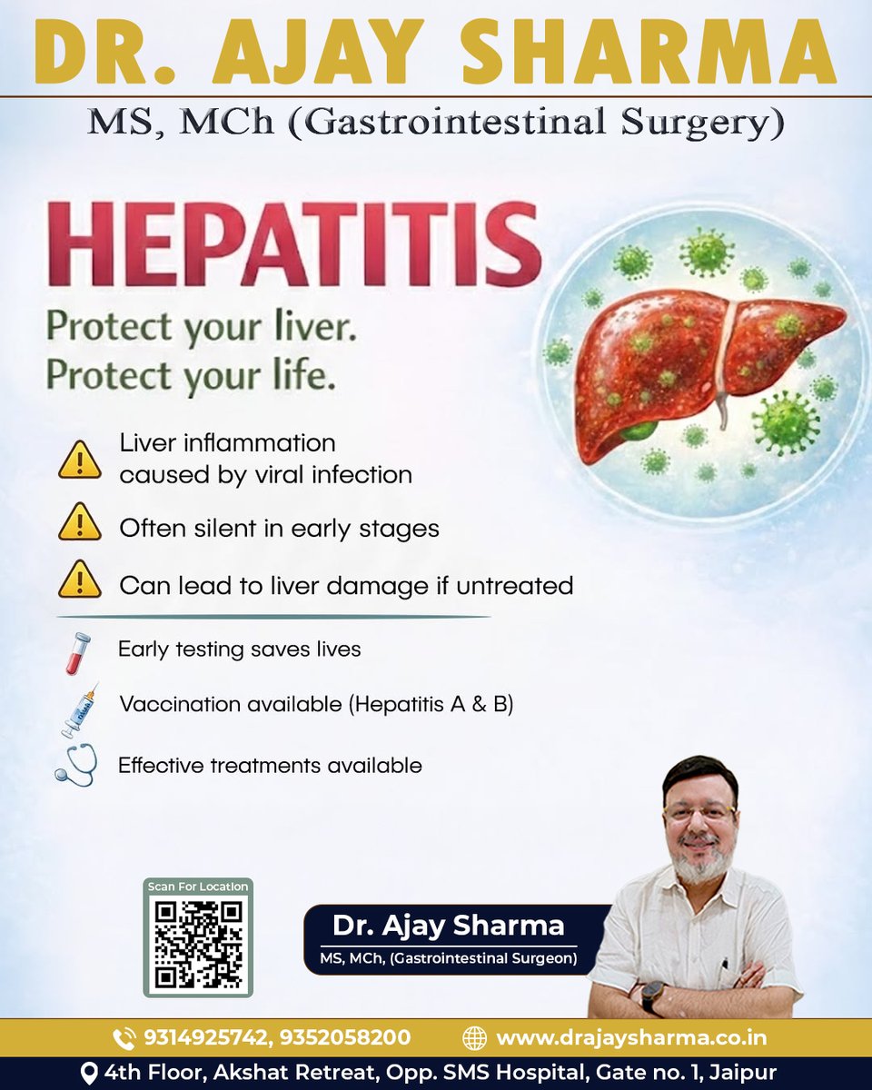 dr_sharma92783's tweet image. Hepatitis Awareness

Don’t ignore your health. Awareness today can prevent complications tomorrow.

📍 Consult Dr. Ajay Sharma for expert liver care
📞 Early diagnosis saves lives
#HepatitisAwareness #LiverCare #HealthMatters #JaipurHealthcare #StayHealthy #MedicalAwareness