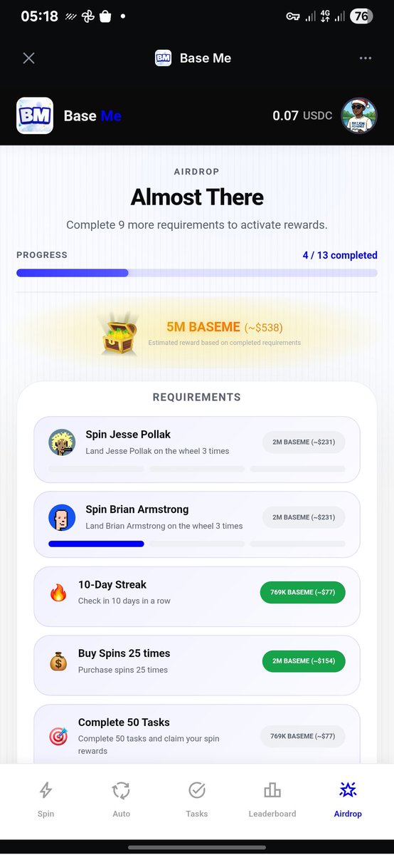 BillionSky38800's tweet photo. Almost there on my Base Me airdrop journey 🚀
Progress steady — 4/13 tasks completed and counting 📈
Grinding daily to unlock the full 5M BASEME reward 💰
Consistency is key, and I’m not stopping now 🔥
#baseme
@baseme https://t.co/EODL3Gf0In