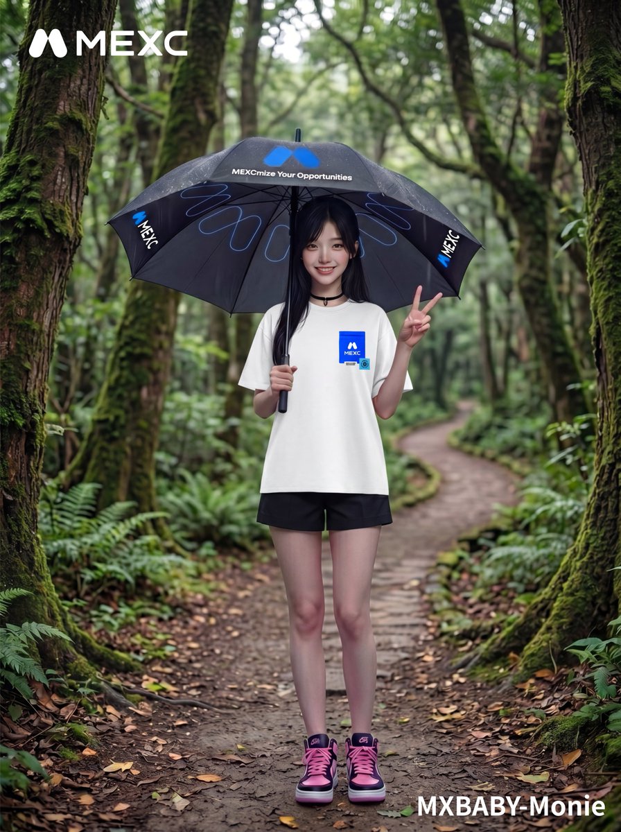 MEXCZH's tweet image. GM！ 今天我們跟Monie來森林散步，也為她拍了一張8週年週邊形象照片，看起來如何？😆

想要雨傘或是上衣的話趕快下面參加活動👇