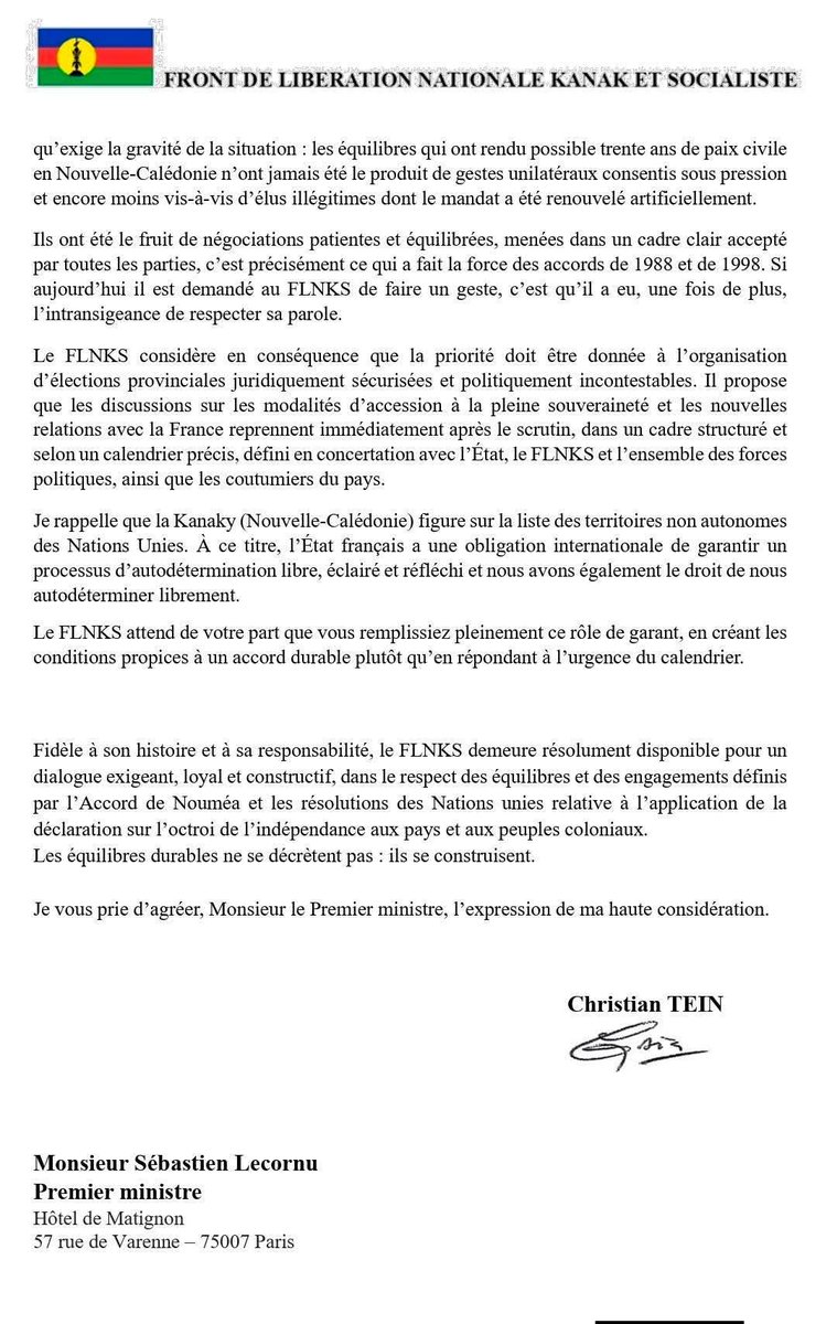 Kanaky_Freedom's tweet photo. 📢 FLNKS – COURRIER À LECORNU (12 AVRIL)

Provinciales avant le 28 juin avec corps électoral gelé (Accord de Nouméa). Refus d’un “geste unilatéral”. Discussions sur la souveraineté après les élections.

🔗 https://t.co/zDG4QVInhL

Rejoignez-nous: https://t.co/E1c6FocAlJ 🇳🇨 https://t.co/VPEFSpKyCG