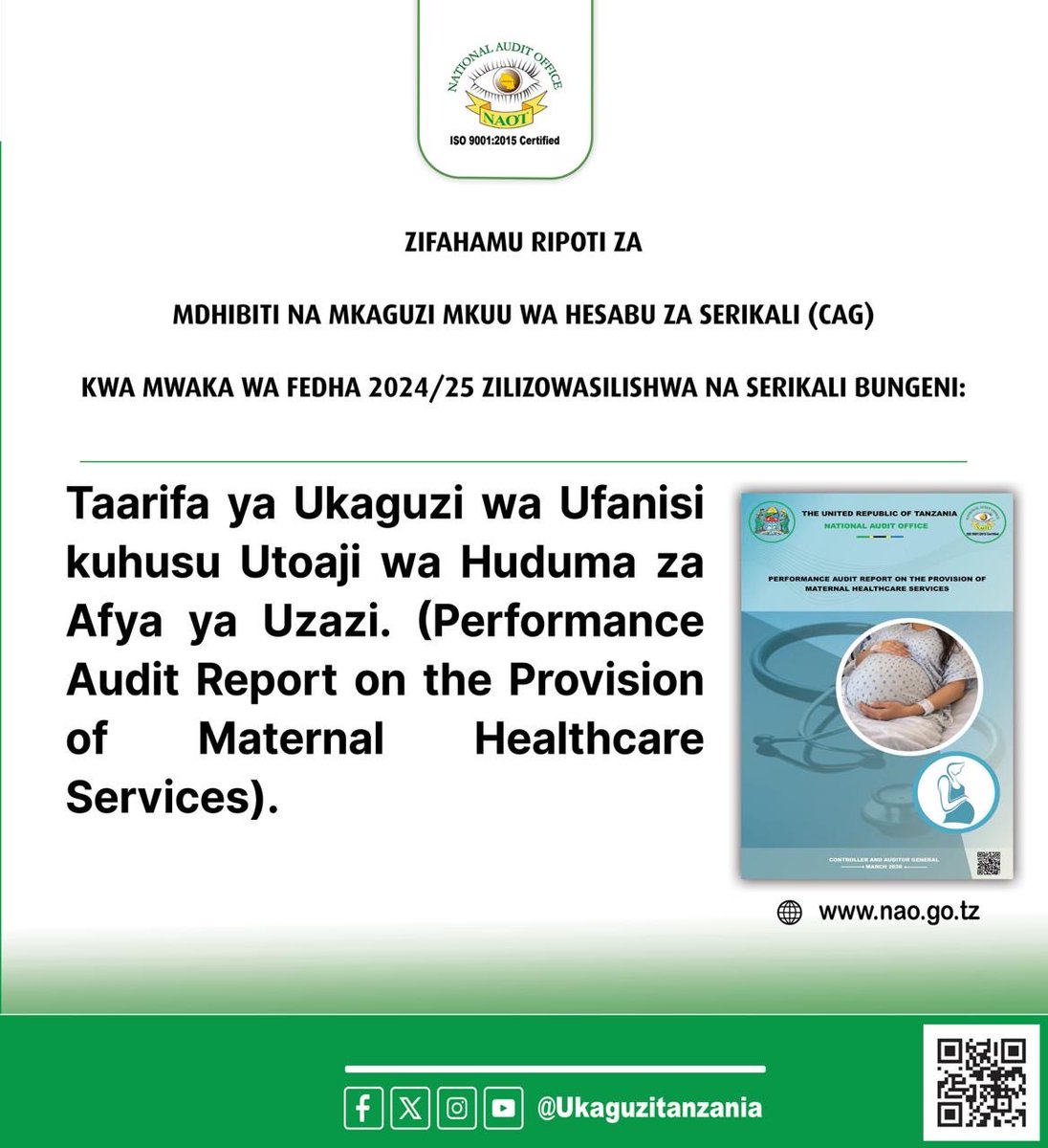 ukaguziTanzania's tweet photo. Zifahamu Ripoti za Ukaguzi wa Mdhibiti na Mkaguzi Mkuu wa Hesabu za Serikali (CAG), Bw. Charles E. Kichere kwa Mwaka wa Fedha 2024/25 zilizowasilishwa na Serikali Bungeni siku ya Ijumaa, Aprili 10, 2026. https://t.co/ko3PWK8z6C