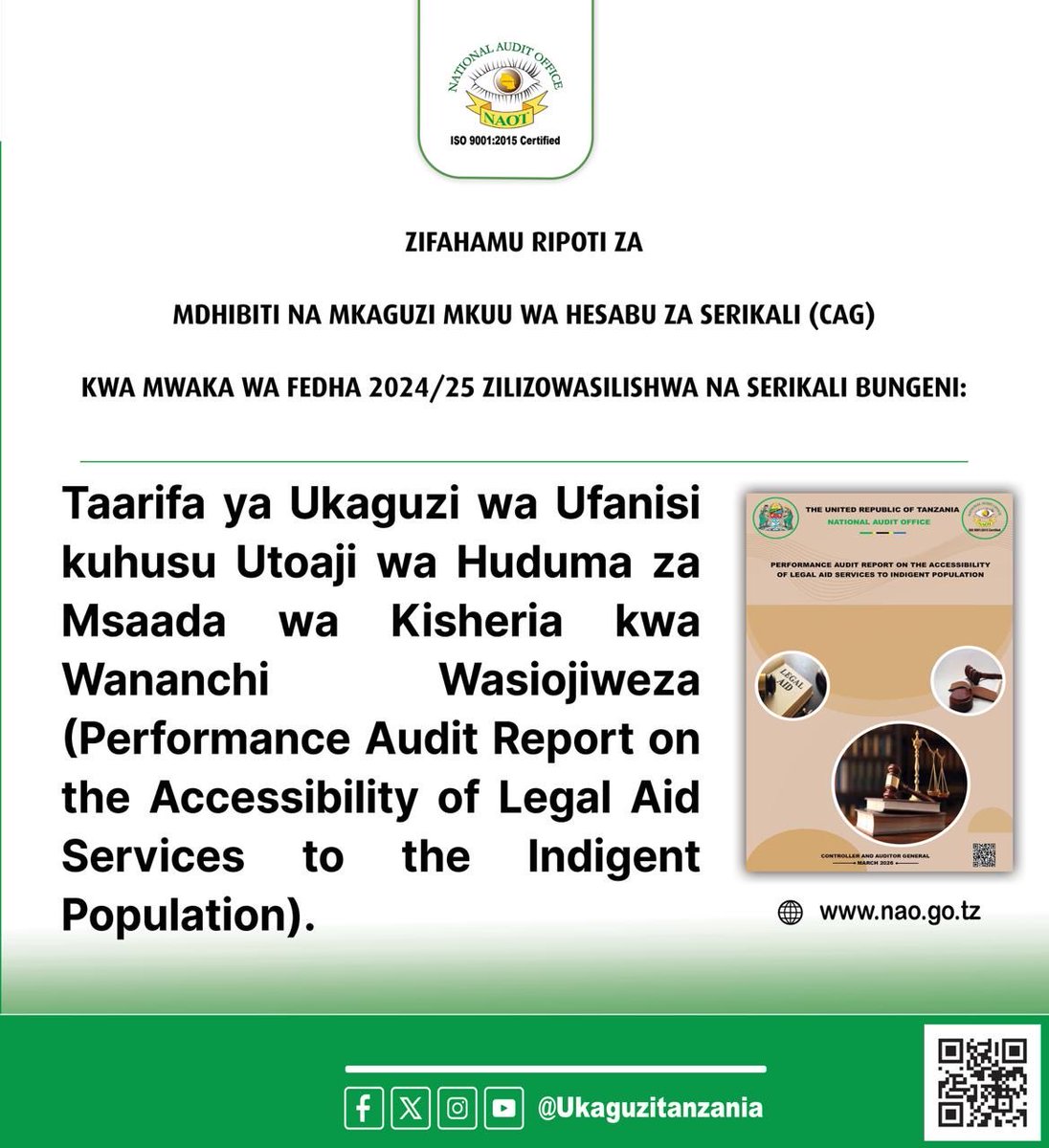 ukaguziTanzania's tweet photo. Zifahamu Ripoti za Ukaguzi wa Mdhibiti na Mkaguzi Mkuu wa Hesabu za Serikali (CAG), Bw. Charles E. Kichere kwa Mwaka wa Fedha 2024/25 zilizowasilishwa na Serikali Bungeni siku ya Ijumaa, Aprili 10, 2026. https://t.co/xw0IwxgtFm