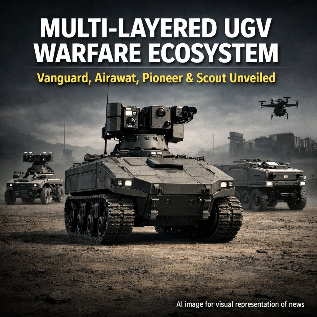 IndianDefenceT's tweet image. NewSpace unveiled a multi-layered UGV warfare ecosystem featuring Vanguard, Airawat, Pioneer, and Scout platforms, integrating autonomous ground systems for surveillance, logistics, combat support, and enhanced battlefield coordination capabilities.

#DefenceTechnology #UGV