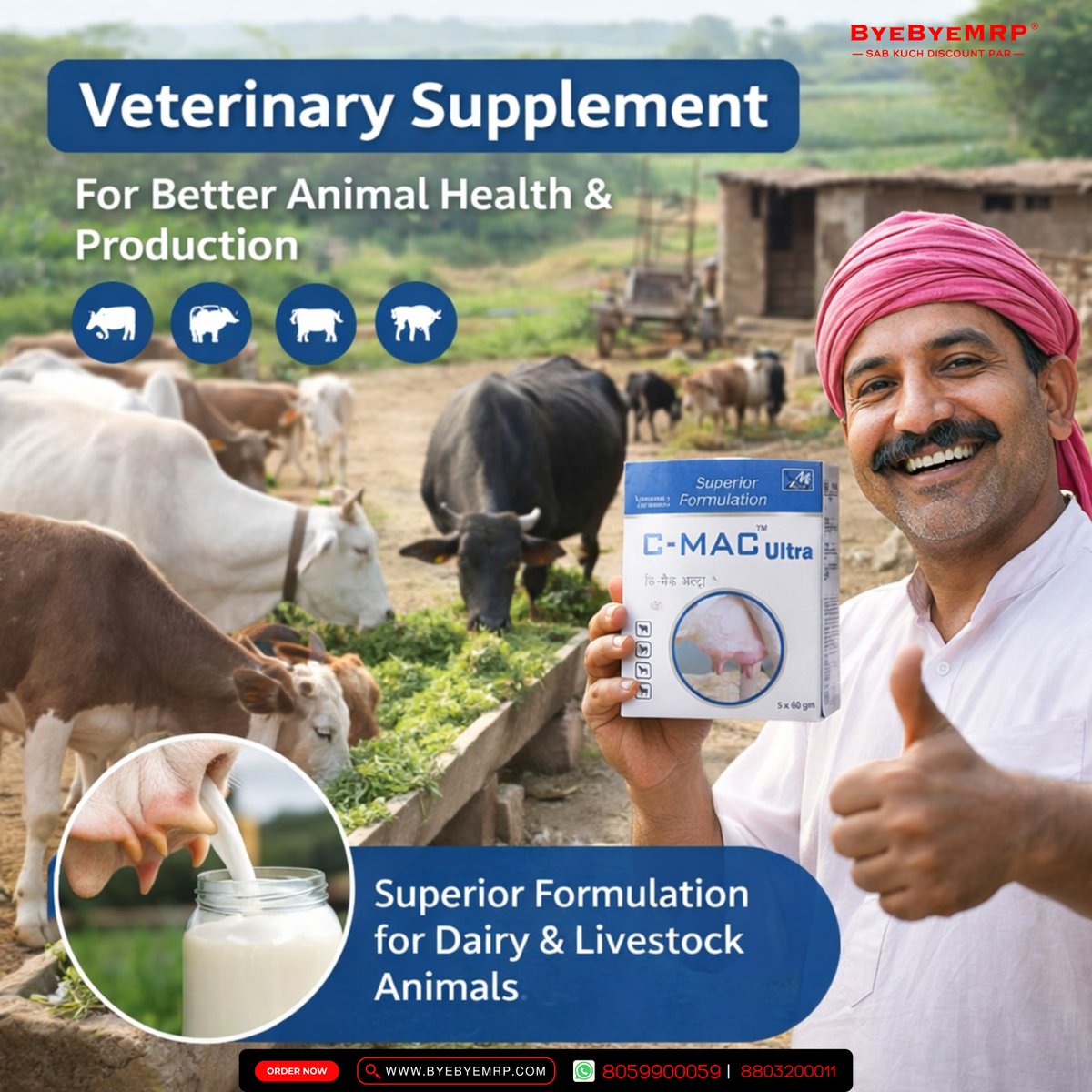 Boost your livestock’s health the smart way 🐄🌱

✔️ Supports udder health
✔️ Enhances milk quality &amp; yield
✔️ Ideal for cows, buffaloes &amp; other livestock

Healthy animals = Better productivity = Higher profits 💰

📞 8059900059 | 8803200011
🌐 byebyemrp.com