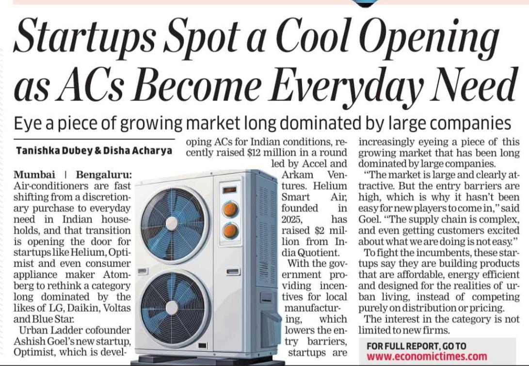 Heat stress is turning cooling into a necessity, not a luxury. AC penetration is still in single digits and the category is ready for reinvention.

Proud to back <a href="/ashgo/">ashgo</a> and <a href="/optimist_AC/">optimist.ac</a> building for Indian households.

Read the <a href="/ETtech/">ETtech</a> article for more: economictimes.indiatimes.com/tech/startups/…