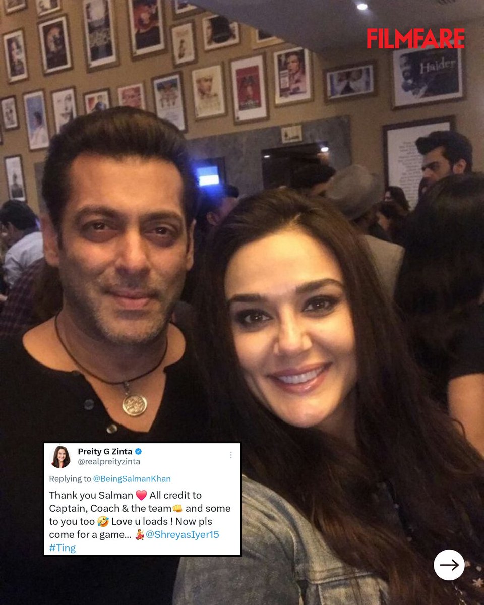 filmfare's tweet image. #PreityZinta sweetly responds to #SalmanKhan's tweet; requests him to come for a game. 😍

#Trending