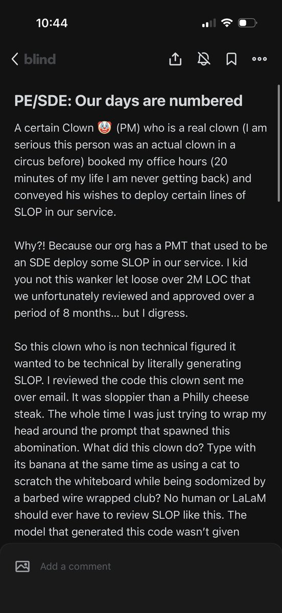 ani_mysore's tweet photo. stories like this from big tech everyday 

PMs pushing code, and most code, even when PE reviewed, being slop

The new problem for principal engineers seems to be how to maintain high standards in face of slop tsunami coming from the token factories https://t.co/Dcz2Lozizk