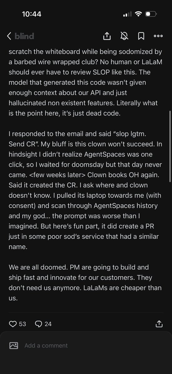 ani_mysore's tweet photo. stories like this from big tech everyday 

PMs pushing code, and most code, even when PE reviewed, being slop

The new problem for principal engineers seems to be how to maintain high standards in face of slop tsunami coming from the token factories https://t.co/Dcz2Lozizk