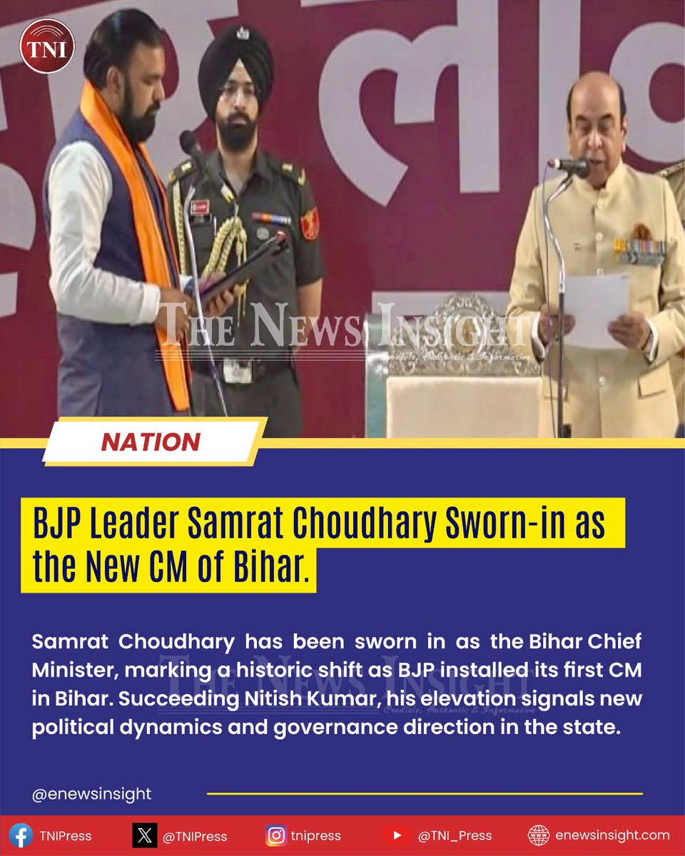 TNIPress's tweet image. 🔴 BJP Era begins in Bihar. Samrat Choudhary has been sworn in as the Bihar Chief Minister, marking a historic shift as BJP installed its first CM in Bihar. #TNI #Insight #TNIPress