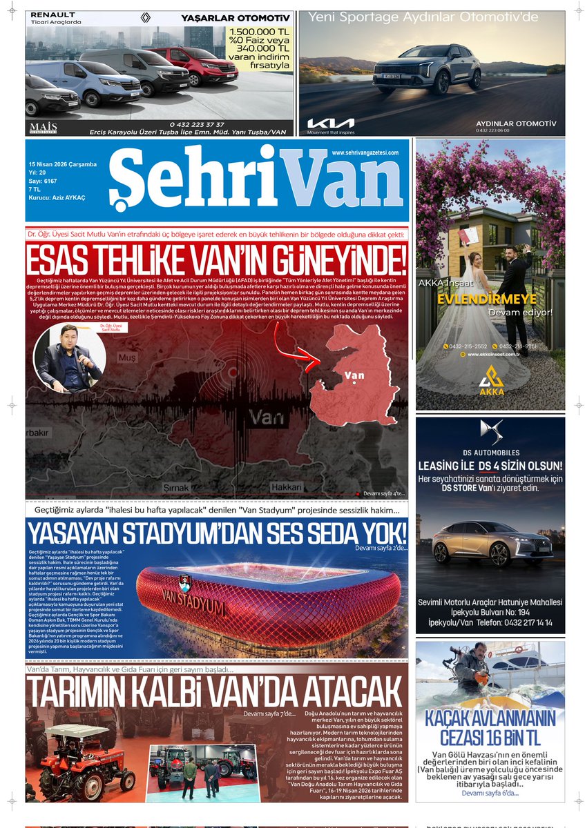 sehrivanhaber's tweet photo. 15.04.2026 TARİHLİ GAZETE MANŞETİMİZ 

ESAS TEHLİKE VAN’IN GÜNEYİNDE!

İSTE HABERİN DETAYI:
https://t.co/1pFQY83qPI
@sacitmutlu65 https://t.co/WS61KYTink