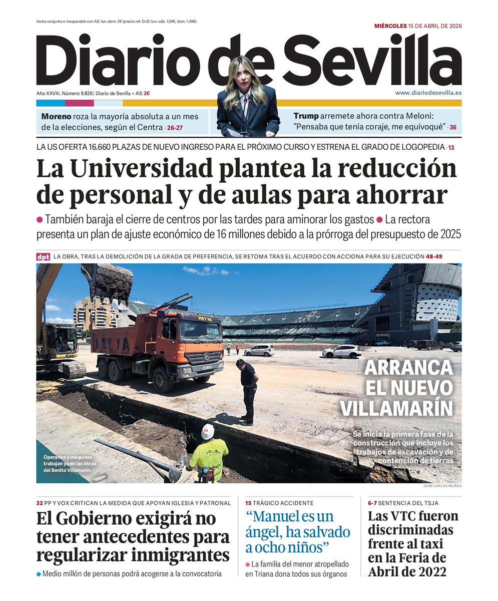 👋 Buenos días. Esta es la portada de la edición de papel en este 15 de abril. Toda la actualidad del día en diariodesevilla.es