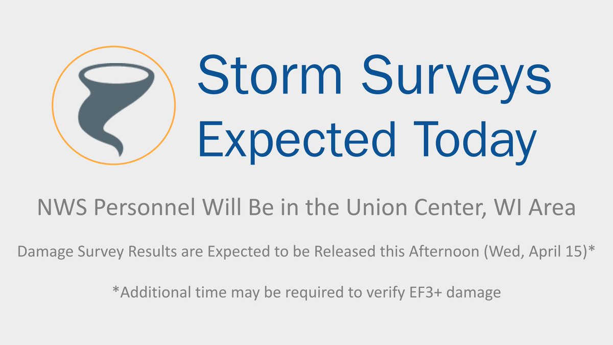 NWSLaCrosse's tweet image. The NWS will be surveying the tornado track that occurred in the Union Center, WI area later today (Wed, April 15). Results of this survey will be released later this afternoon. Please note that any determination of an EF3+ rating may take additional time. #wiwx