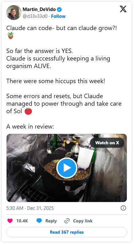 owindhaeuser's tweet photo. 100 Tage. 
Eine Tomate. Kein Mensch.

Der ehrlichste KI-Use-Case des Jahres kommt aus einem Zelt.

Nicht aus einem Büro.
Nicht aus einem Copilot.
Nicht aus einem Meeting-Summary-Tool.

Ein Typ namens Martin hat Claude an Sensoren gehängt, an Pumpen, an Licht.
Kein SDK. 
Kein Framework. 
Kein Claude Code.

Custom Loop. 
Selbstgeschrieben.
Dann hat er losgelassen.

100 Tage lang hat eine KI autonom entschieden: 
Wasser? 
Licht? 
Nährstoffe? 
Jetzt? 
Später?

Kein Mensch als Backup.
Kein Safety Net.

Nur Claude und eine Pflanze namens Sol.

Sol hat überlebt.
Sol ist gewachsen.
Sol hat Früchte getragen.

Kosten für die KI über die gesamte Laufzeit: rund 100 Dollar.

Jetzt der Teil, der mich wirklich beschäftigt.

Wir reden seit zwei Jahren über KI, als wäre sie ein besseres Word. 
Ein schnellerer Excel. Ein geduldigeres Outlook. 
Wir optimieren Tickets, wir schreiben Mails, wir fassen Calls zusammen.

Alle schauen in die gleiche Richtung.

Währenddessen sitzt in einem Grow Tent irgendwo in Amerika eine KI und hält 100 Tage lang etwas am Leben. Ohne Mittagspause. 
Ohne Urlaub. 
Ohne zu vergessen.

Das ist kein White Collar Use Case.

Das ist eine andere Kategorie.
Und genau deswegen ist er wichtig.

Weil er zeigt, dass KI nicht das Ding ist, das wir in unsere Büros quetschen. 
KI ist das Ding, das in Räumen arbeitet, in die wir gar nicht mehr reinschauen. 

Gewächshäuser. 
Serverräume. 
Labore. 
Felder. 
Zelte.

Während wir noch diskutierrn, welche Bür USe Cases am Besten sind, wächst in einem amerikanischen Zelt eine Tomate unter autonomer KI-Pflege groß.

Sol lebt.
Für 100 Dollar.
100 Tage lang.

Tata.
