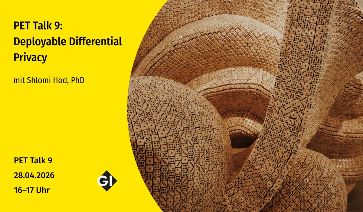 kryptomania84's tweet photo. #PETTalk 9: Deployable Differential Privacy, mit Shlomi Hod, PhD (Weizenbaum Institute) 
 
🗓 28.04.2026 | 16:00–17:00 Uhr
 📍 Online

Teilnahme ist frei - um Anmeldung wird gebeten ⬇️
https://t.co/HiH132g5Be
#PD #Privacy #DifferentialPrivacy #cybersecurity https://t.co/v9ViEH5BeM