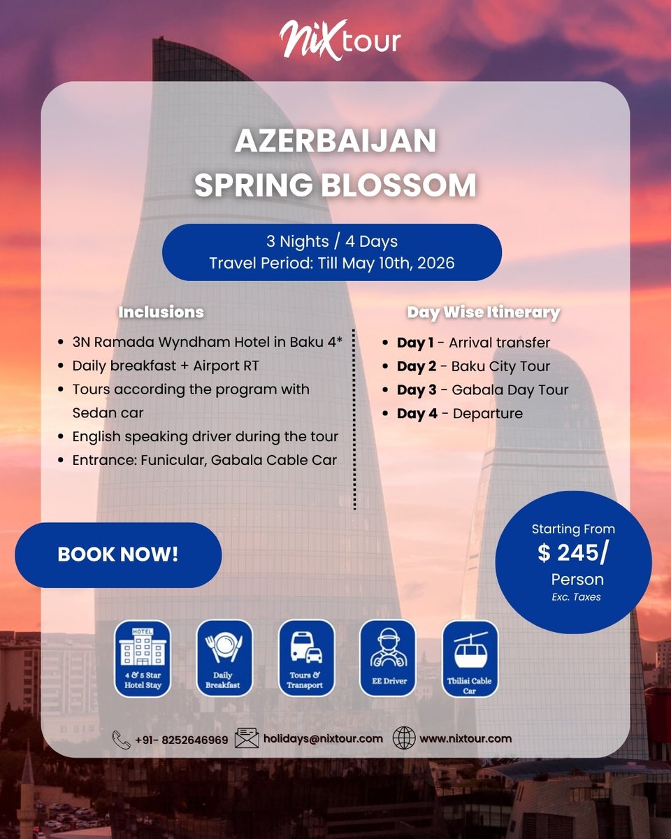 NixtourOfficial's tweet image. Spring in Azerbaijan hits different
Azerbaijan Spring Blossom Tour with Nixtour
📅 Till 10 May 2026, Limited slots — book now!
📞 +91 8252646969
🌐 nixtour.com/holidays/azerb…

#AzerbaijanTrip #SpringGetaway #TravelWithNixtour #InternationalTravel #TravelDeals